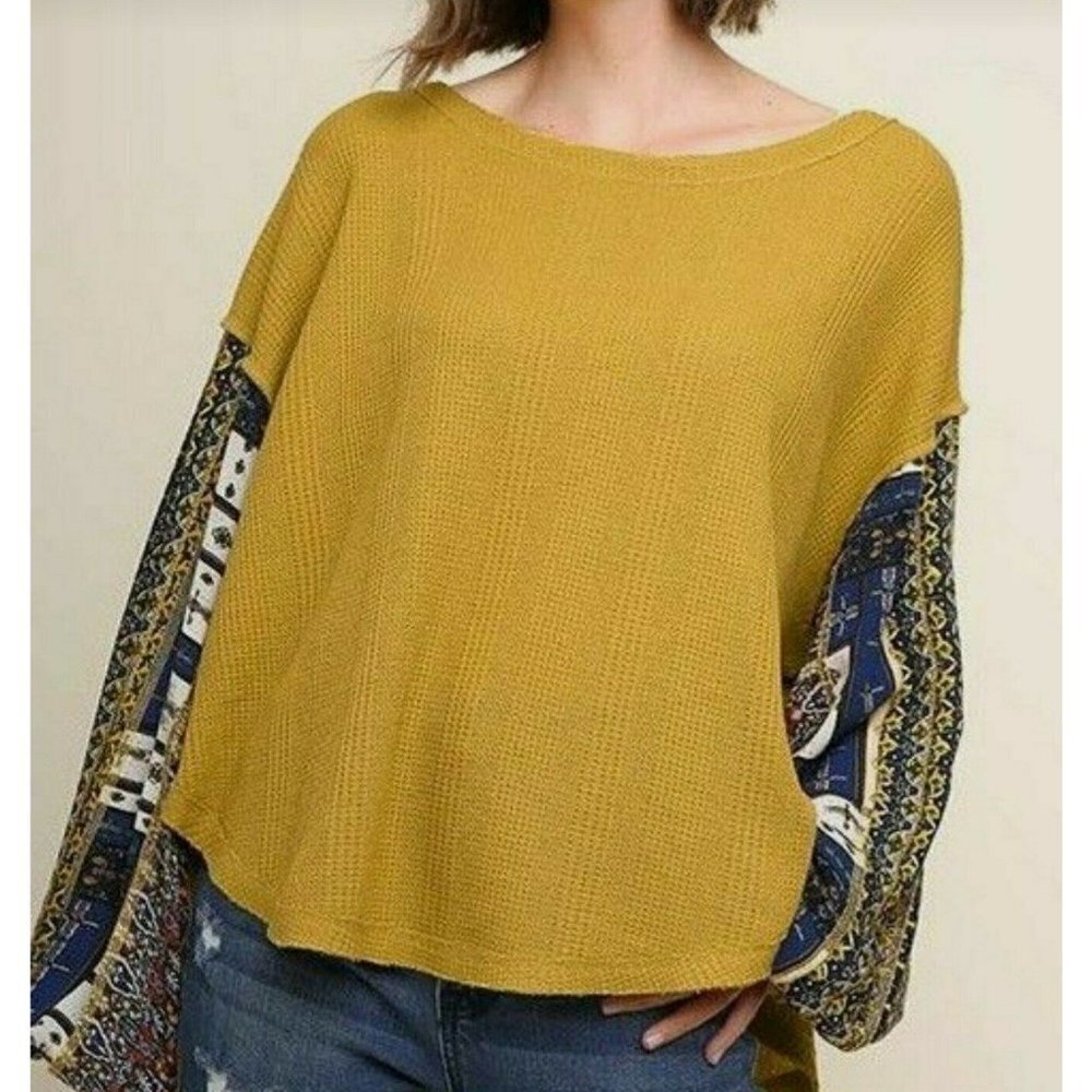 UMGEE Waffle Knit Shirt Medium Oversized Mustard Yellow with Geometric
